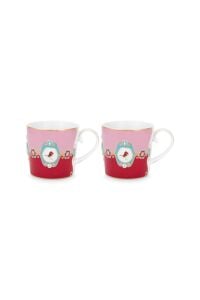 Love Birds Kırmızı/Pembe Madalyon Desenli İkili Hediye Kutulu Küçük Mug Seti 150 ml
