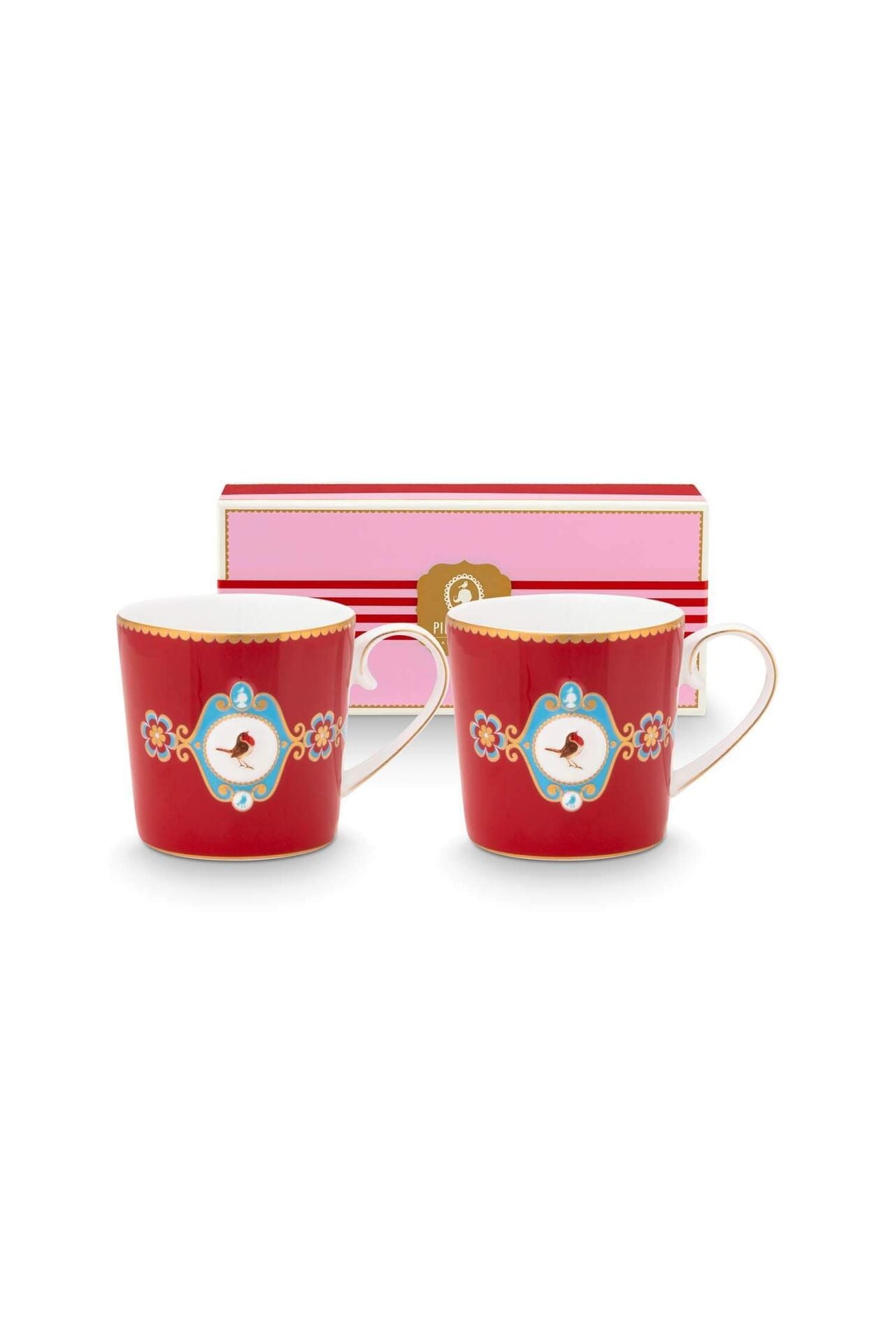 Love Birds Kırmızı Madalyon Desenli İkili Hediye Kutulu Küçük Mug Seti 150 ml