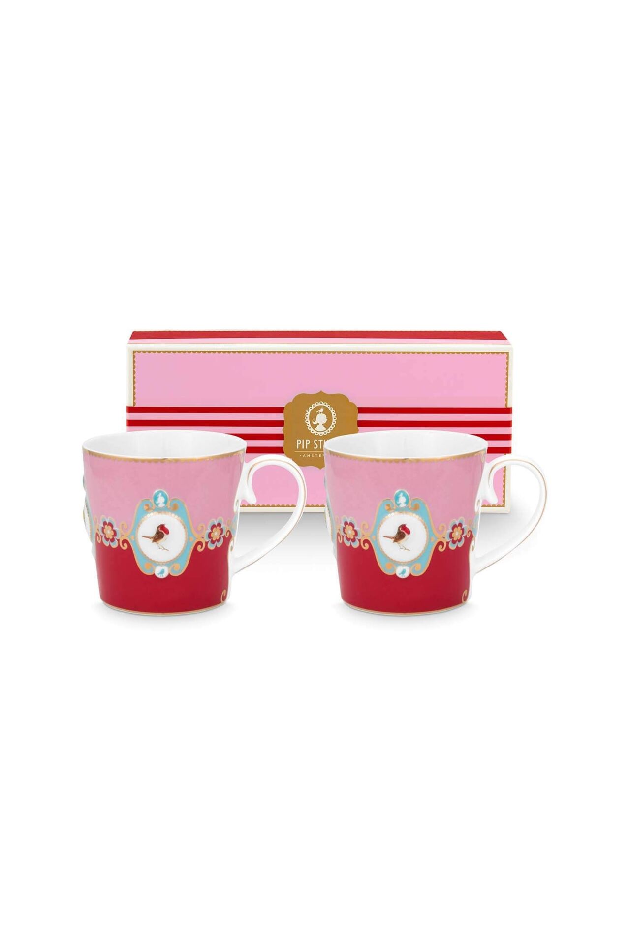 Love Birds Kırmızı/Pembe Madalyon Desenli İkili Hediye Kutulu Mug Seti 250 ml