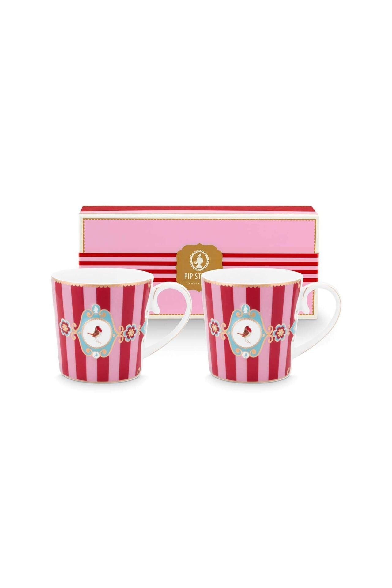 Love Birds Kırmızı/Pembe Çizgili İkili Hediye Kutulu Mug Seti 250 ml