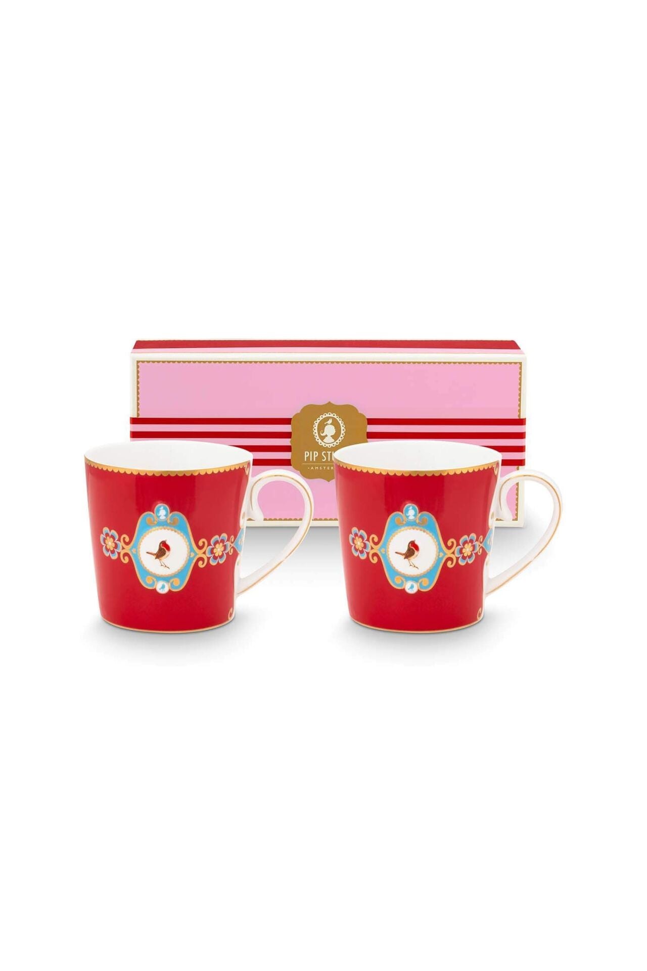 Love Birds Kırmızı Madalyon Desenli İkili Hediye Kutulu Mug Seti 250 ml