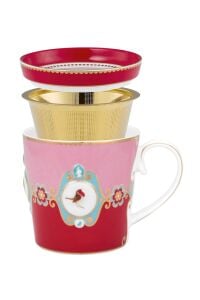 Love Birds Kırmızı/Pembe Madalyon Desenli Tek Kişilik Hediye Kutulu Çay Seti 250 ml
