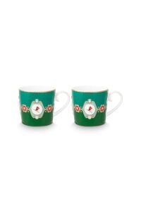 Love Birds Yeşil Renkli Madalyon Desenli İkili Hediye Kutulu Küçük Mug Seti 150 ml