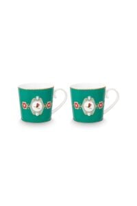 Love Birds Yeşil Madalyon Desenli İkili Hediye Kutulu Küçük Mug Seti 150 ml