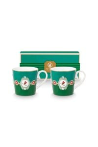 Love Birds Yeşil Renkli Madalyon Desenli İkili Hediye Kutulu Mug Seti 250 ml