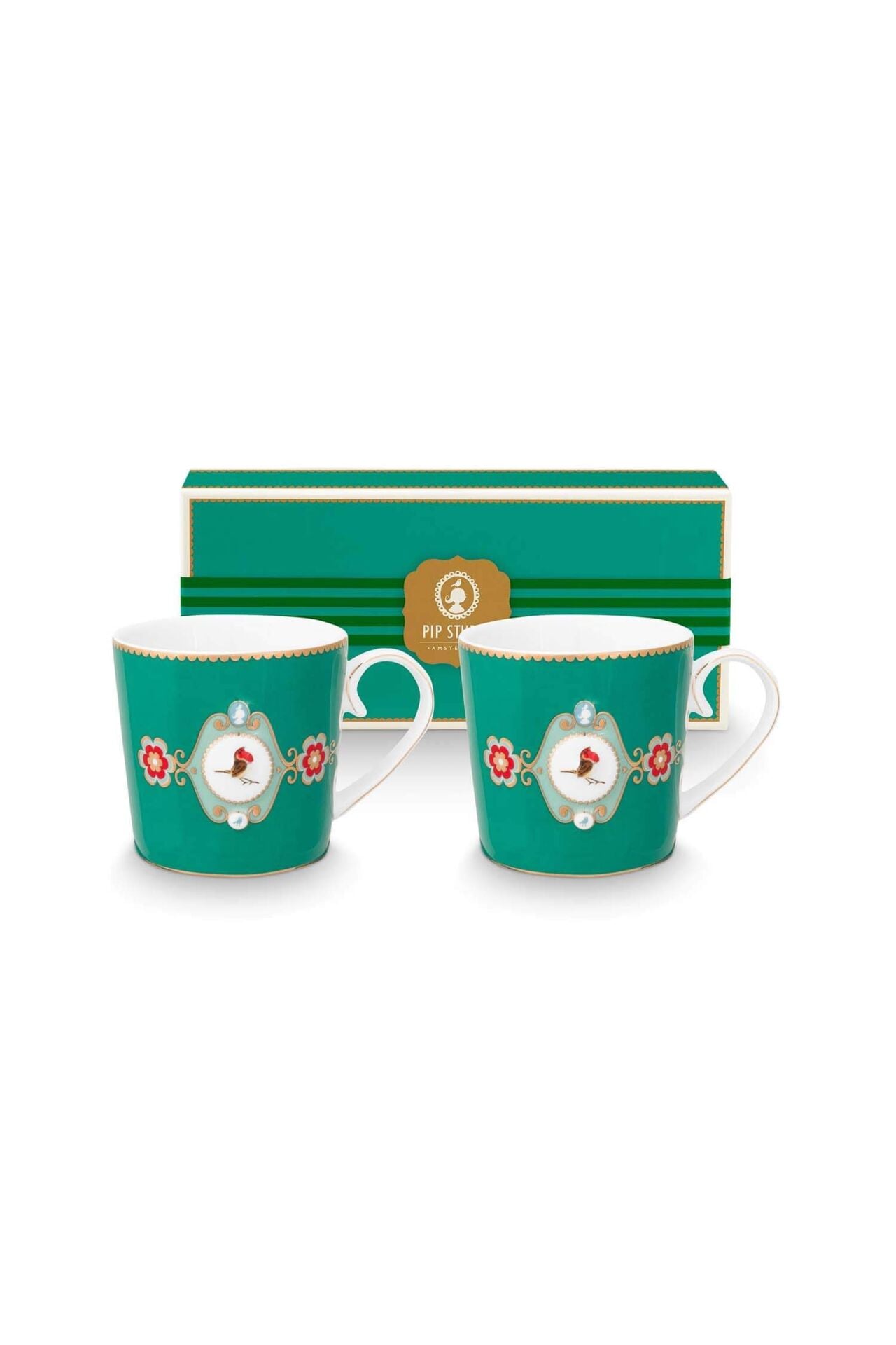 Love Birds Yeşil Madalyon Desenli İkili Hediye Kutulu Mug Seti 250 ml