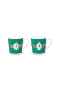 Love Birds Yeşil Madalyon Desenli İkili Hediye Kutulu Mug Seti 250 ml
