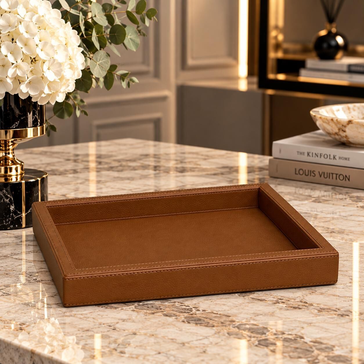 Taba Rengi Deri Dİkdörtgen Sunum Tepsisi 30 x 21 Cm