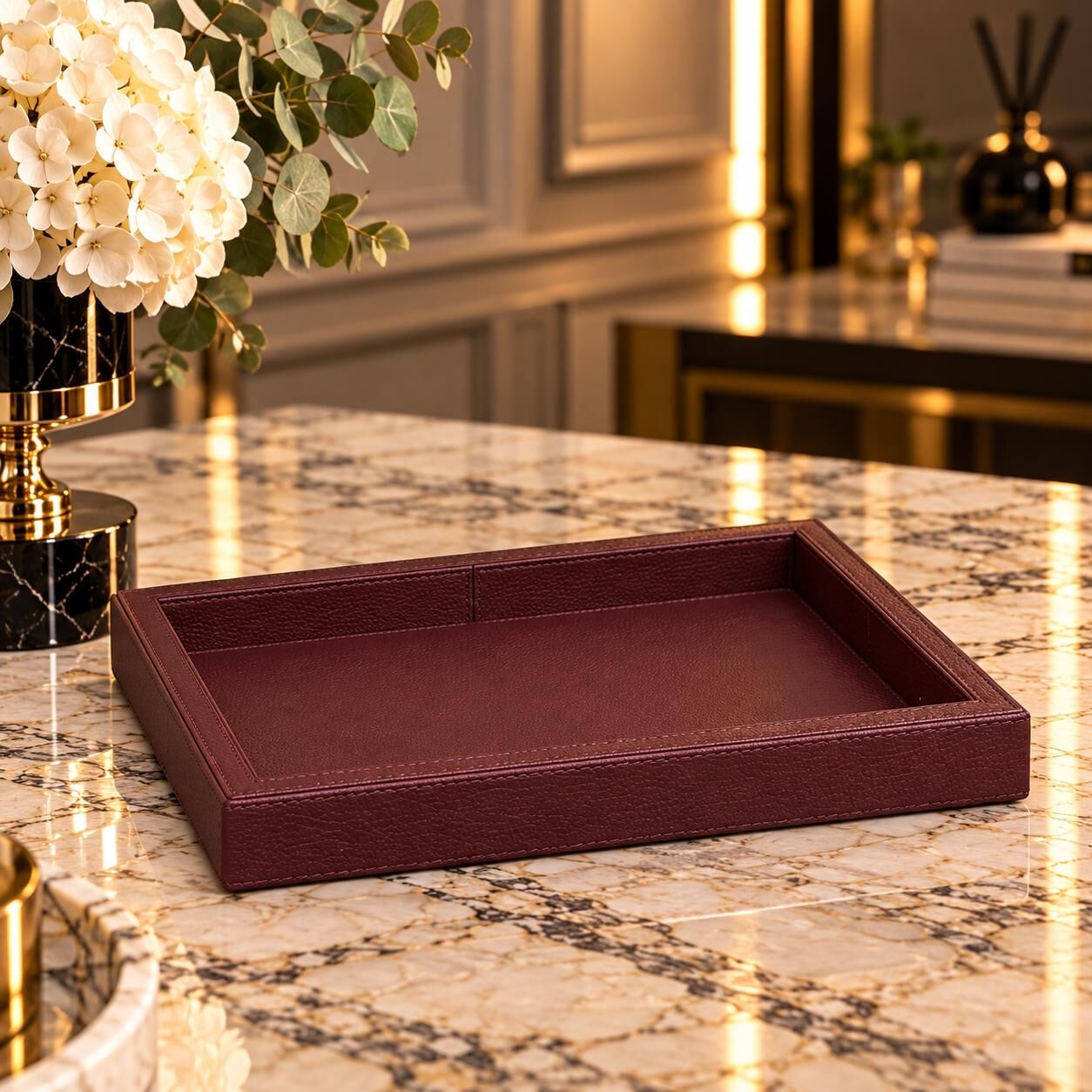 Bordo Rengi Dikdörtgen Deri Sunum Tepsisi 24 x 18 CM