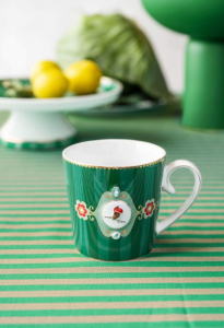 Love Birds Yeşil Çizgili Madalyon Desenli Küçük Mug 150 ml