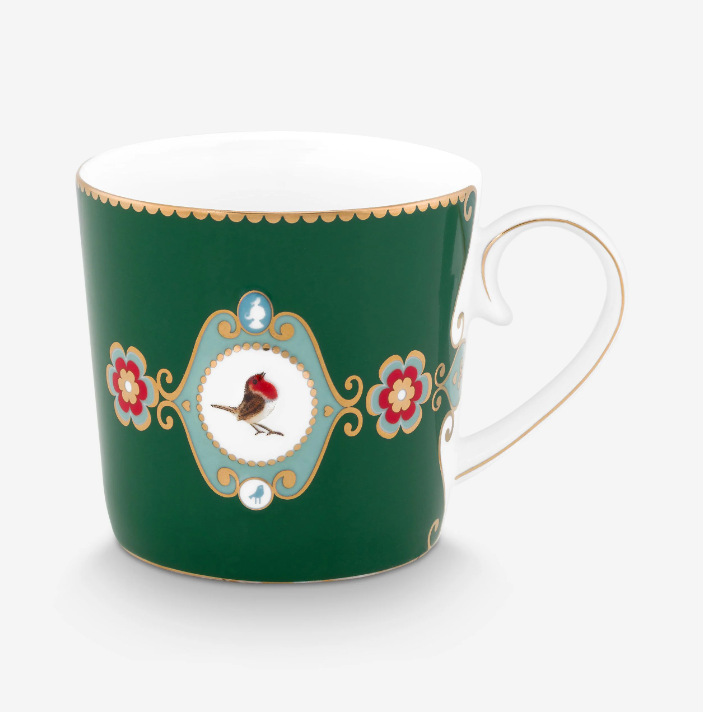 Love Birds Koyu Yeşil Madalyon Desenli Küçük Mug 150 ml
